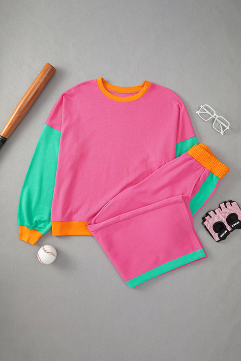 Color Block Pullover And Loose Wide Leg Pant Set